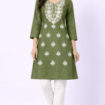 CPMPUER CHIKANKARI RAYON KURTI ROUND NECK 3/4TH SLEEVE .46INCH LENGTH