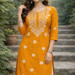 CPMPUER CHIKANKARI RAYON KURTI ROUND NECK 3/4TH SLEEVE .46INCH LENGTH
