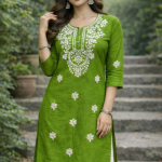 CPMPUER CHIKANKARI RAYON KURTI ROUND NECK 3/4TH SLEEVE .46INCH LENGTH