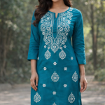 CPMPUER CHIKANKARI RAYON KURTI ROUND NECK 3/4TH SLEEVE .46INCH LENGTH