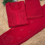 YATI Red Pure Viscose Chikankari 3D Emboss 4pcs Set