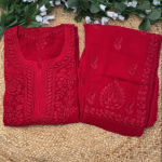 YATI Red Pure Viscose Chikankari 3D Emboss 4pcs Set