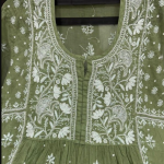 KALA Green Pure Mulmul Chikankari Pearl Gown Dupatta Set