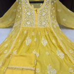 KALA Green Pure Mulmul Chikankari Pearl Gown Dupatta Set