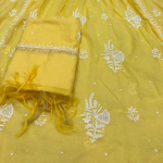 KALA Green Pure Mulmul Chikankari Pearl Gown Dupatta Set