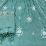 KALA Green Pure Mulmul Chikankari Pearl Gown Dupatta Set