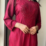 ANAMIKA Maroon Modal Silk Mokaish Chikankari Kurta Palazzo Set