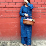 DISHI Blue Pure Chanderi Silk Chikankari Kurta Palazzo Set