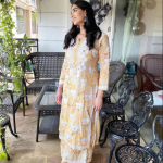 ISHANI Mulmul Cotton Printed Yellow Chikankari Kurta Palazzo Set