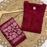 NANDINI Pure Brasso Chikan Kurti Pant Set Maroon