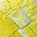 SAPNA Yellow Mirror Work Chikankari Kurta Palazzo Dupatta Set