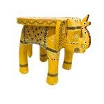 Handcrafted Wooden Elephant Stool, Yellow with Colourful Hand-Painted Design, Decorative Furniture