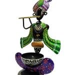 Decorative Metal Krishna Figurine with Flute, Tea Light Stand, Green  Robe, Candle Holder Copper Bowl Stand, Traditional Indian Art