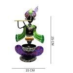 Decorative Metal Krishna Figurine with Flute, Tea Light Stand, Green  Robe, Candle Holder Copper Bowl Stand, Traditional Indian Art