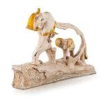 Modern White & Gold Elephant Mother-Child Resin Statue with Wooden Base