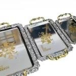 Rectangular Steel Serving Trays with Golden Printed Design 3 Pcs Tray Set (Large, Medium, Small) for Home, Kitchen and Restaurant Use (Steel Gold)