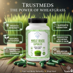Wheat Grass Capsules (60 Count) | 100% Organic & Plant-Based Immunity Booster | Natural Detoxifier for Digestion, Energy & Stamina