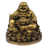 VIBHSA Resin Fengshui Figurine Laughing Buddha Sitting on Luck Money Coins Carrying Golden Ingot for Good Luck & Happiness