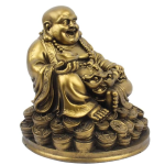 VIBHSA Resin Fengshui Figurine Laughing Buddha Sitting on Luck Money Coins Carrying Golden Ingot for Good Luck & Happiness
