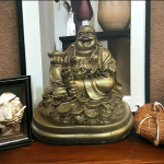 VIBHSA Resin Fengshui Figurine Laughing Buddha Sitting on Luck Money Coins Carrying Golden Ingot for Good Luck & Happiness