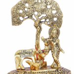 VIBHSA Home Decor & Gifts Metal Krishna with Cow Standing Under Tree Plying Flute (Gold, 12.5X8X16Cm), 1 Piece