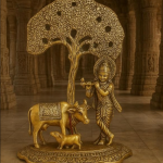 VIBHSA Home Decor & Gifts Metal Krishna with Cow Standing Under Tree Plying Flute (Gold, 12.5X8X16Cm), 1 Piece
