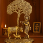 VIBHSA Home Decor & Gifts Metal Krishna with Cow Standing Under Tree Plying Flute (Gold, 12.5X8X16Cm), 1 Piece