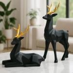 BARBAR KHARIDO Elegant Deer Showpiece Pair for Home & Office Handcrafted Matte Finish with Golden Antlers Modern Decorative Figurines for Living Room Décor (Black Gold)