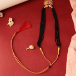 Traditional Maharashtrian Style Black Beaded Mangalsutra Necklace With Gold-Toned Pendant And Red Tassel