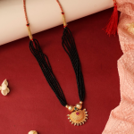 Traditional Maharashtrian Style Black Beaded Mangalsutra Necklace With Gold-Toned Pendant And Red Tassel