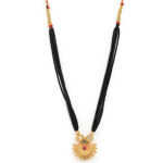 Traditional Maharashtrian Style Black Beaded Mangalsutra Necklace With Gold-Toned Pendant And Red Tassel