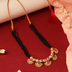 Traditional Maharashtrian Gold-Plated Mangalsutra Necklace With Black Beads And  Floral Pendan