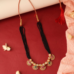 Traditional Maharashtrian Gold-Plated Mangalsutra Necklace With Black Beads And  Floral Pendan