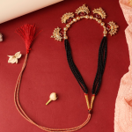Traditional Indian Mangalsutra Featuring  Black Beaded Necklace And  Gold-Toned, Red-Stoned Pendant