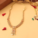 Gold-Plated Choker Necklace Set With White, Green, And Red Artificial Stone-Studded And Beaded Details