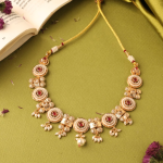 Rajwadi Polki Mina necklace Set With Ruby Stones And Gold Finish