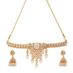 Gold-Plated Kundan And Pearl Choker Necklace Set With Matching Earrings