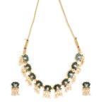 Gold-Plated, Green enamel, Lotus-Motif Necklace And Earring Set With Pearl Drops