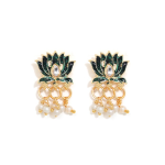 Gold-Plated, Green enamel, Lotus-Motif Necklace And Earring Set With Pearl Drops