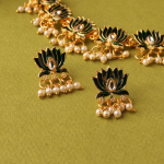 Gold-Plated, Green enamel, Lotus-Motif Necklace And Earring Set With Pearl Drops