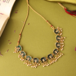 Gold-Plated, Green enamel, Lotus-Motif Necklace And Earring Set With Pearl Drops
