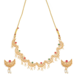 Gold-Plated Chandrakor Necklace Set With Ruby Emerald Stones And White Pearl Drops