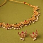 Gold-Plated Chandrakor Necklace Set With Ruby Emerald Stones And White Pearl Drops
