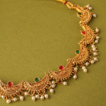 Gold-Plated Chandrakor Necklace Set With Ruby Emerald Stones And White Pearl Drops