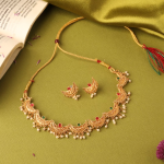Gold-Plated Chandrakor Necklace Set With Ruby Emerald Stones And White Pearl Drops
