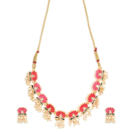Gold-Plated, Green enamel, Lotus-Motif Necklace And Earring Set With Pearl Drops