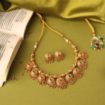 Gold-Plated Temple Jewellery Necklace And Earrings Set With Red And Green Kempu Stones