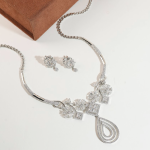 Silver American Diamond Collar Bone Necklace Set With Matching Earrings