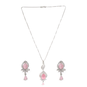 Sparkling Silver-Tone Necklace & Earrings Set with Crystal Teardrop Stones in Rhodium Baby Pink