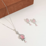 Sparkling Silver-Tone Necklace & Earrings Set with Crystal Teardrop Stones in Rhodium Baby Pink